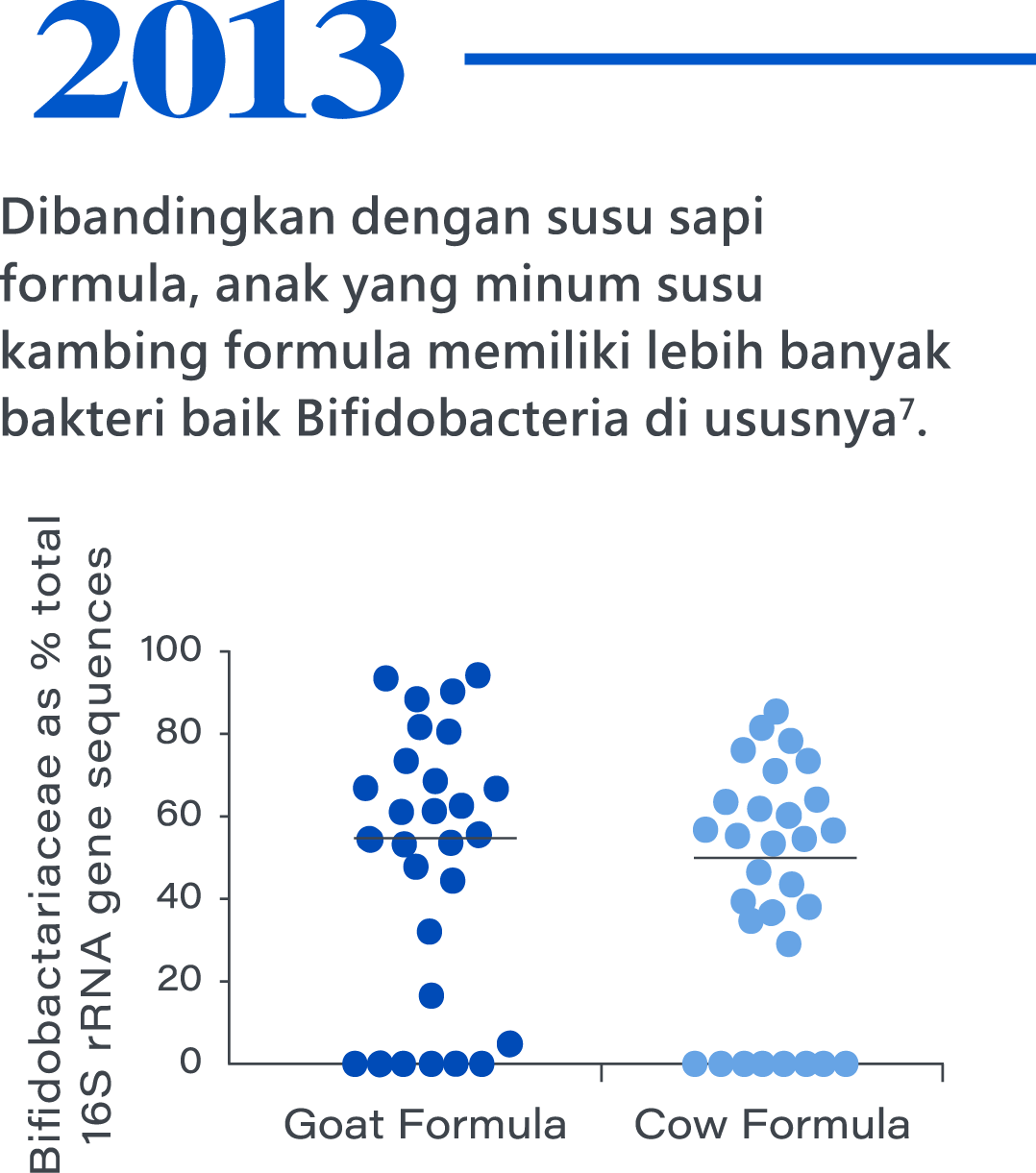 2013，Dibandingkan dengan susu sapi formula, anak yang minum susu kambing formula memiliki lebih banyak bakteri baik Bifidobacteria di ususnya7.