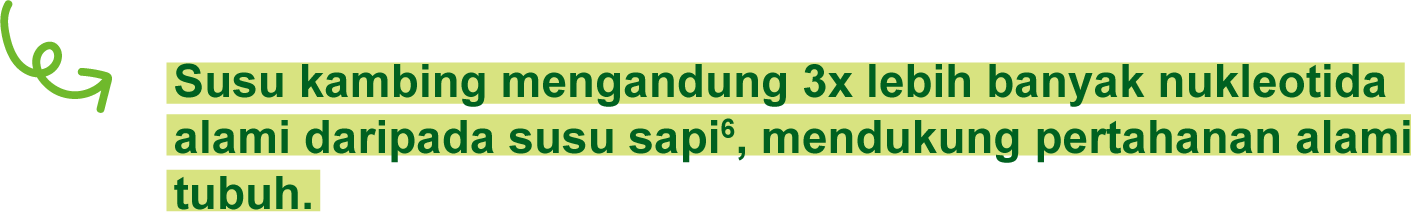 Susu kambing mengandung 3x lebih banyak nukleotida alami daripada susu sapi6, mendukung pertahanan alami tubuh.